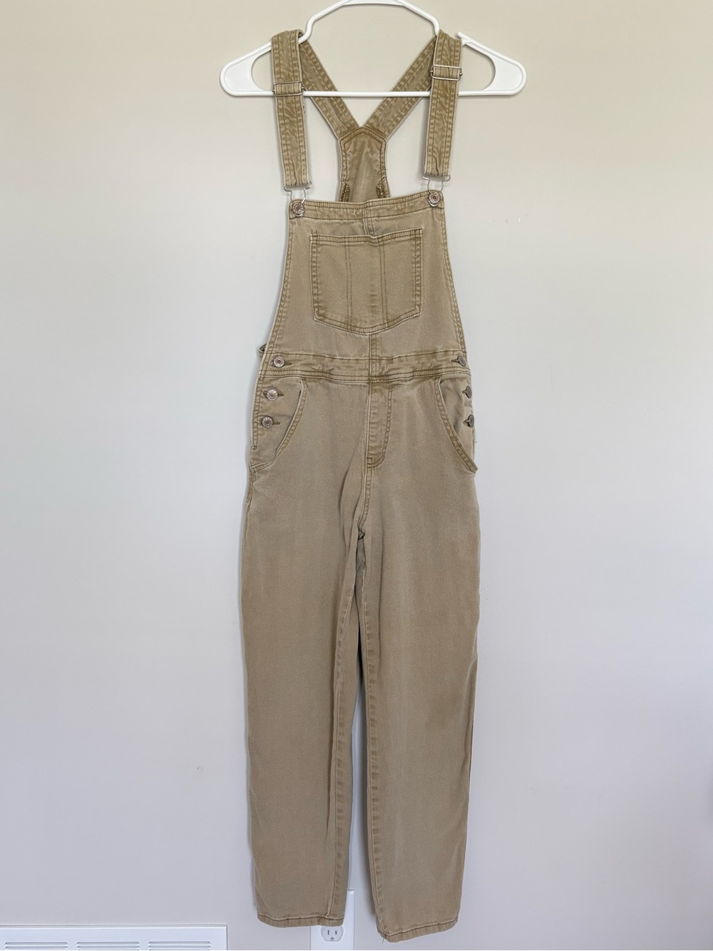 Tan Khaki Denim Overalls Women’s Size XS Adjustable Straps Versatile